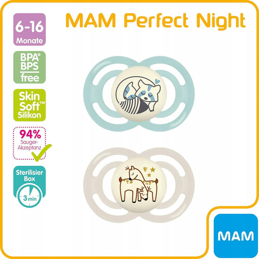 MAM Perfect Night smoczek uspokajający x2 6-16msc + box, świecący w ciemności, silikonowy, BPA/BPS free