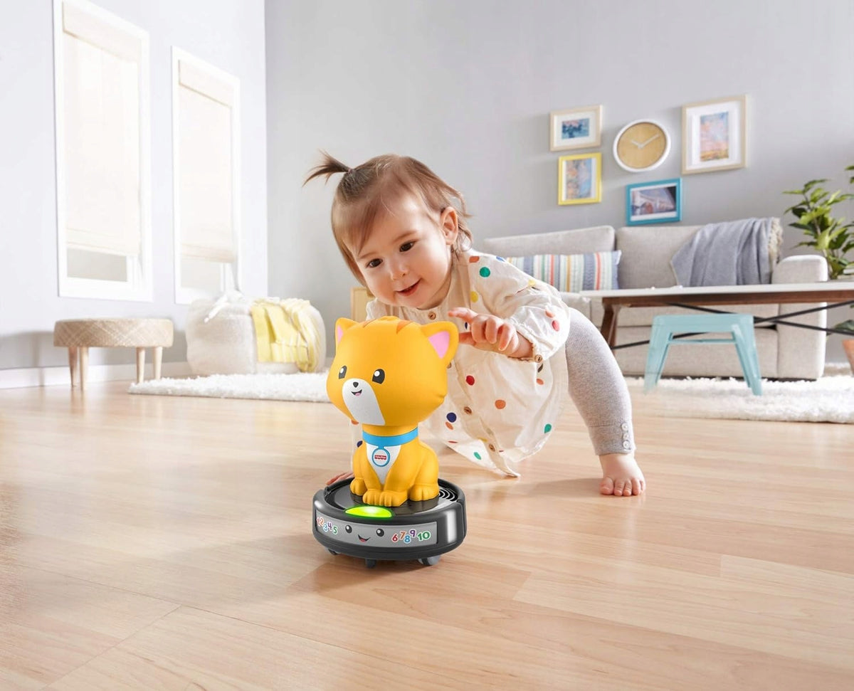 FISHER-PRICE GMX70 gatto che cavalca un aspirapolvere robot con melodie e luci