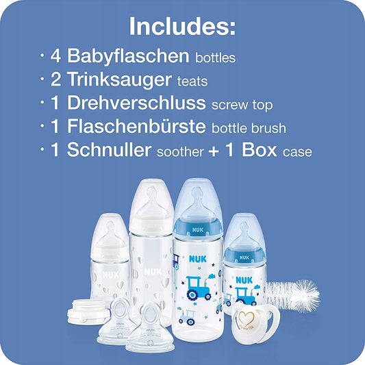 NUK zestaw startowy Perfect Start anti-colic KONTROLA TEMPERATURY: 4 butelki, smoczki, szczotka i smoczek