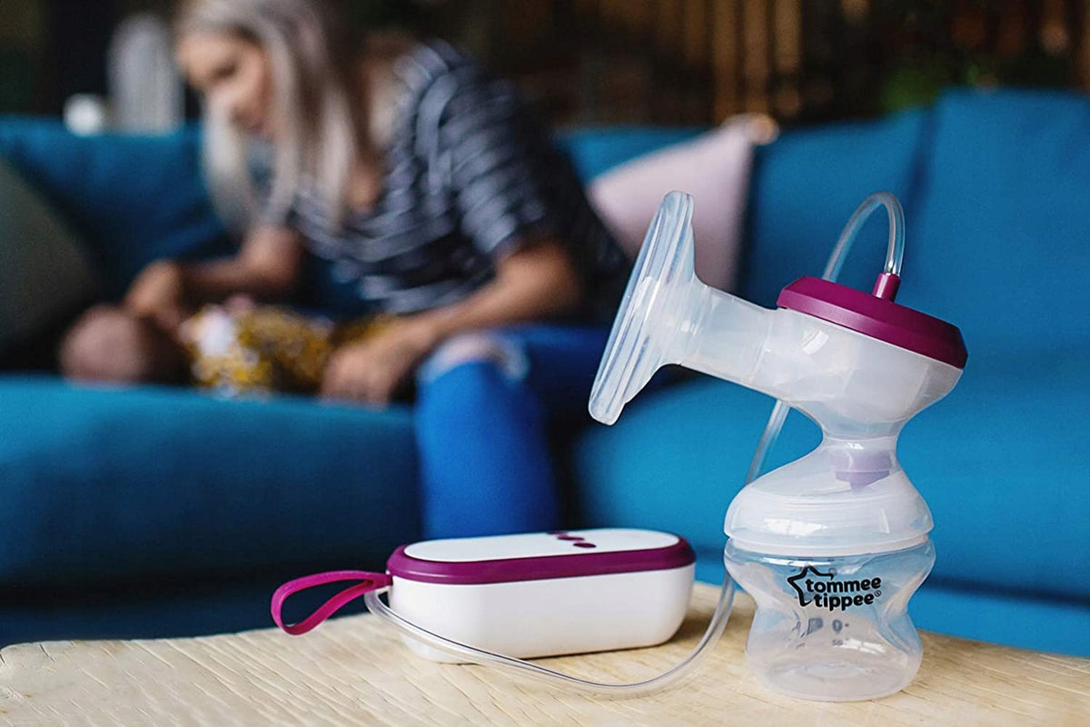 TOMMEE TIPPEE Made for Me LAKTATOR ELEKTRYCZNY biało-bordowy, cichy i dyskretny, z butelką i etui