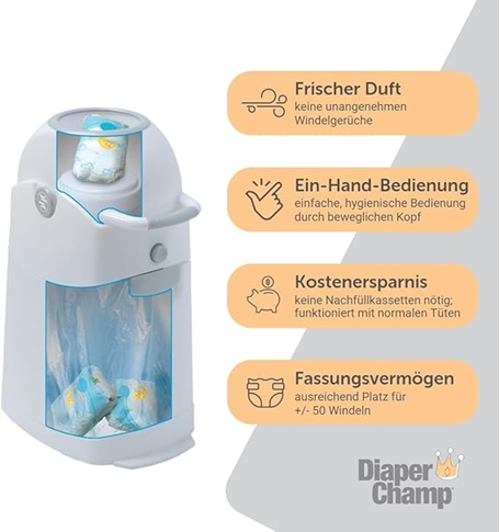DIAPER CHAMP cestino per pannolini PER SACCHI DELLA SPAZZATURA +/-50 pannolini