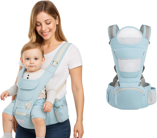 NOSIDEŁKO ergonomiczne z pasem biodrowym 4w1 dla dziecka, komfortowe i oddychające, kolor jasnoniebieski