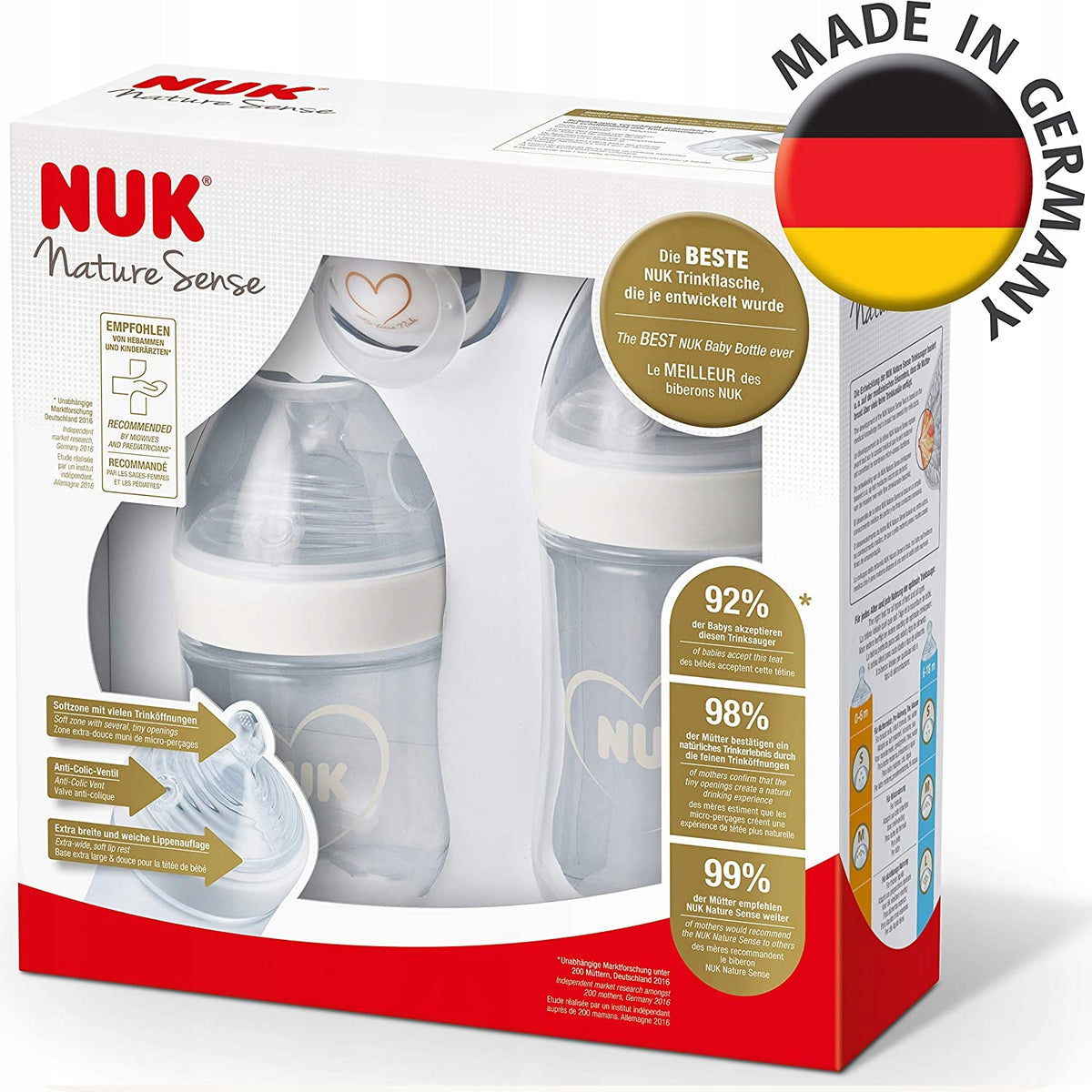 NUK Nature Sense zestaw butelek 260,150ml +smoczek, zestaw dla niemowląt z butelkami i smoczkiem uspokajającym