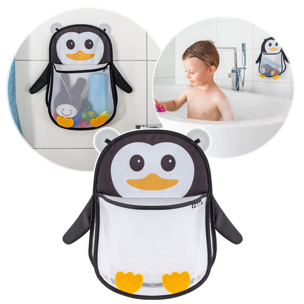 REER MyHappyPingu organizator din plasă pentru baie, cu ventuze, PINGUIN