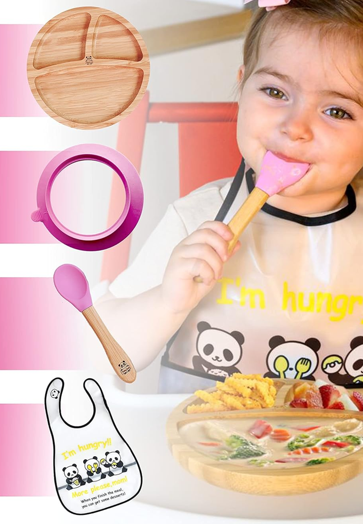 BABYLOVIT Bambusteller mit Saugnapf + Löffel und Lätzchen