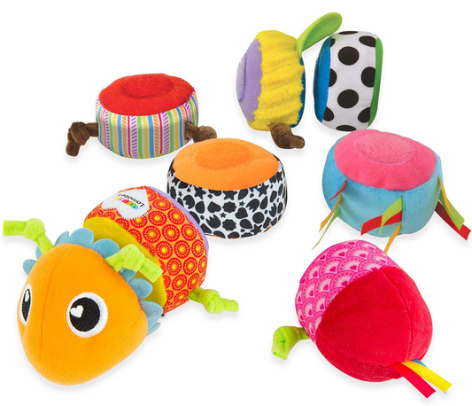 LAMAZE Mix & Match oruga sensorial con sonajero, 8 piezas con velcro, 44 cm