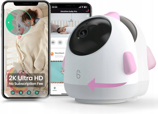 SIMSHINE Baby Pro kamera niania elektroniczna 2K FHD + maszt, biało-różowa, zdalny podgląd Wi-Fi