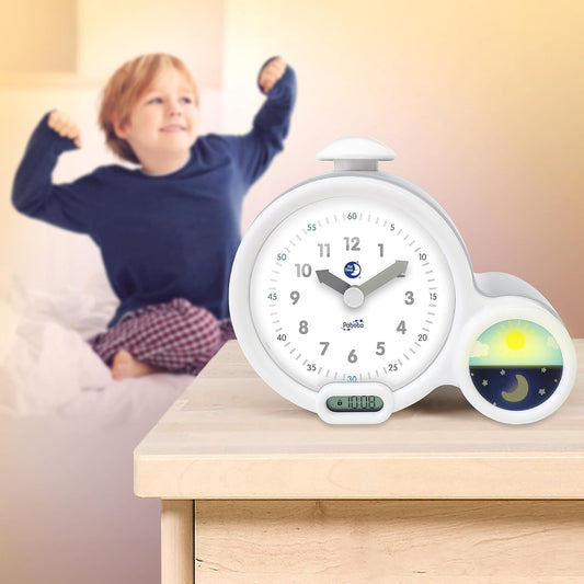 PABOBO Kid'Sleep BUDZIK EDUKACYJNY szary budzik do nauki wstawania dla dzieci, biało-szary