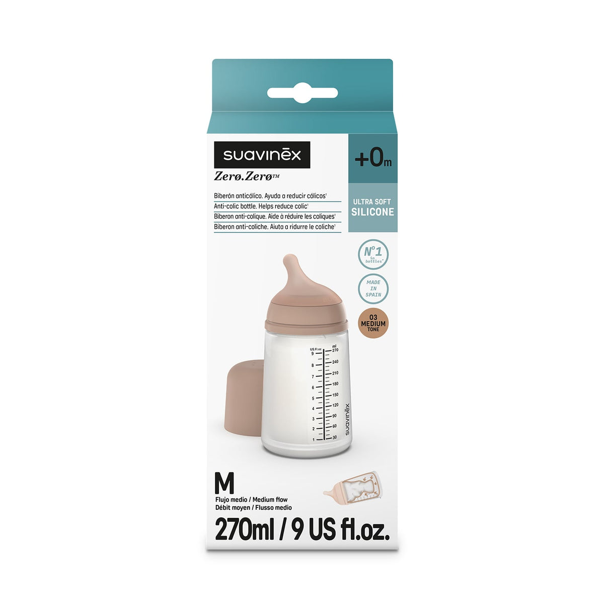 Opakowanie butelki Suavinex Zero Zero Medium z oznaczeniami M i 270 ml.