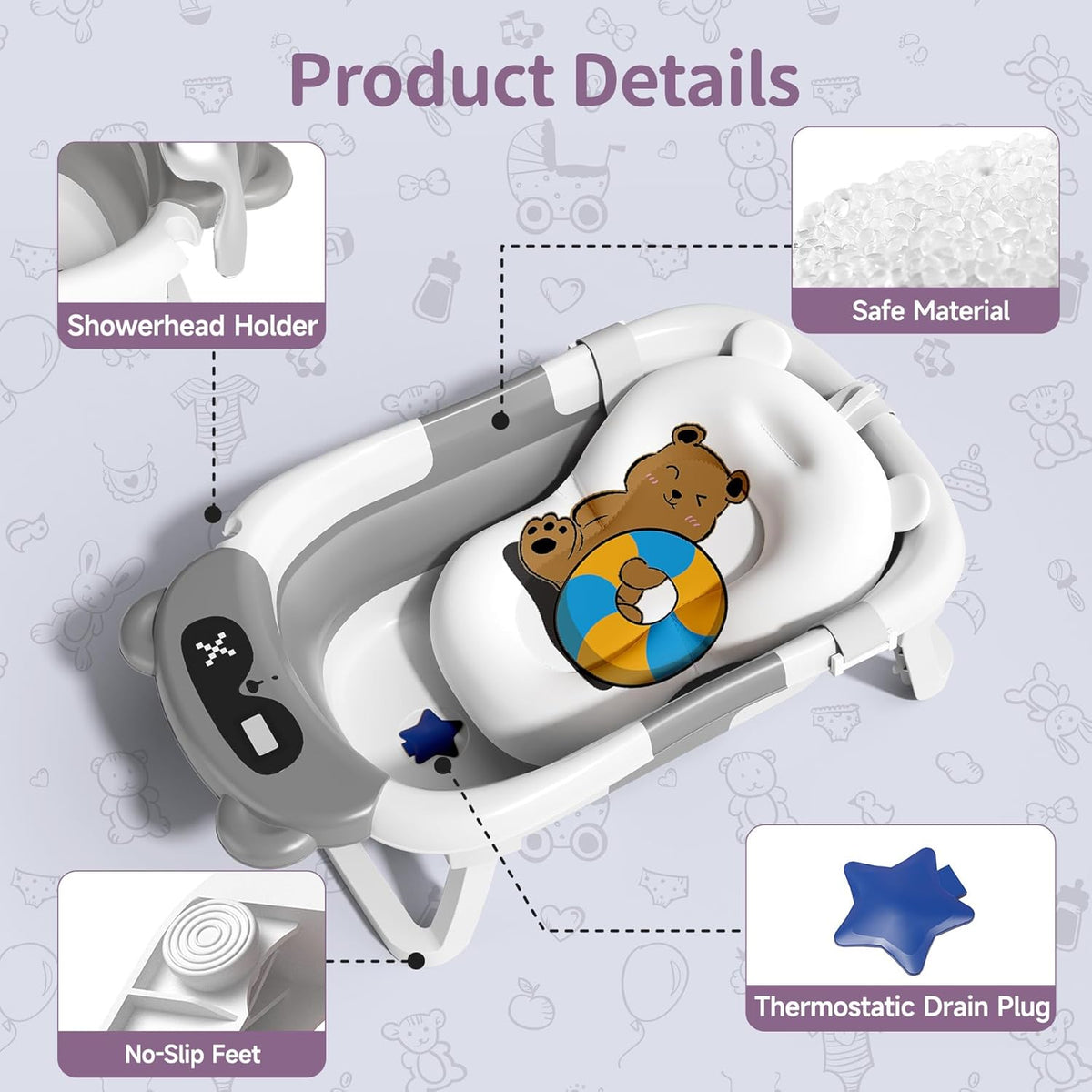 GLENMORE folding bathtub with drain and thermometer