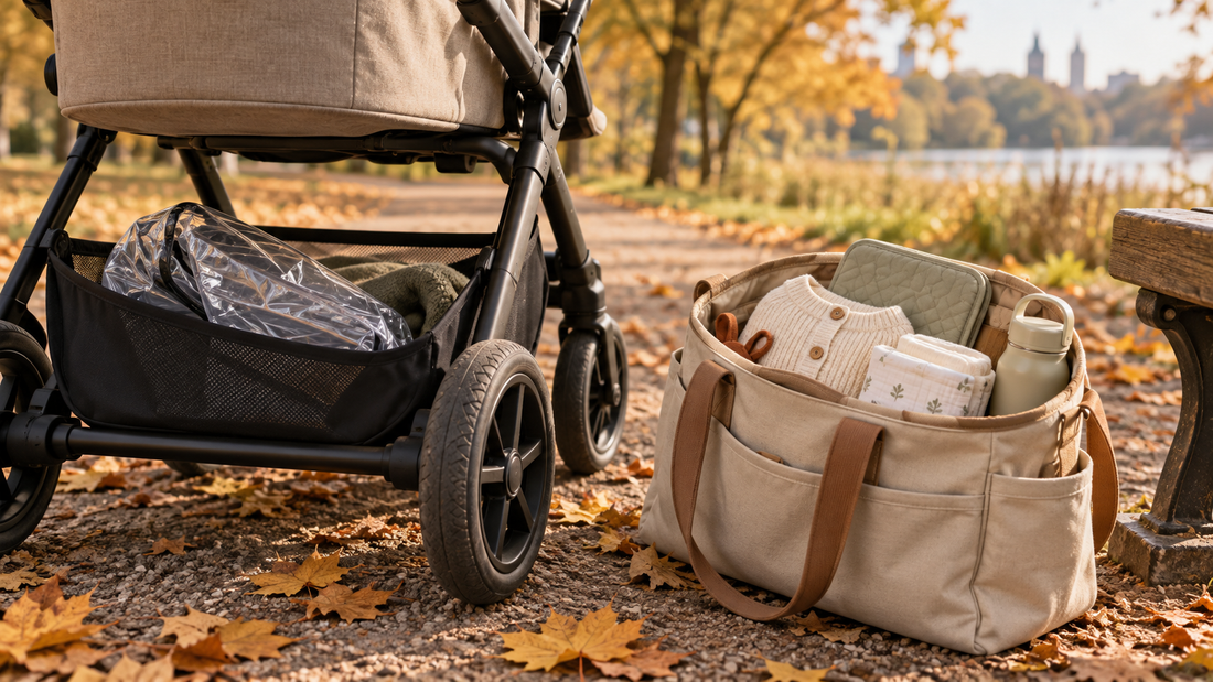 Kinderwagen en luiertas met extra vest, verschoonmat, hydrofiele doek en waterfles op een herfstpad