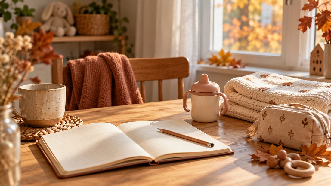 Open notitieboek en potlood op houten tafel, naast een kinderbeker, dekentje en etui in een herfstig interieur.