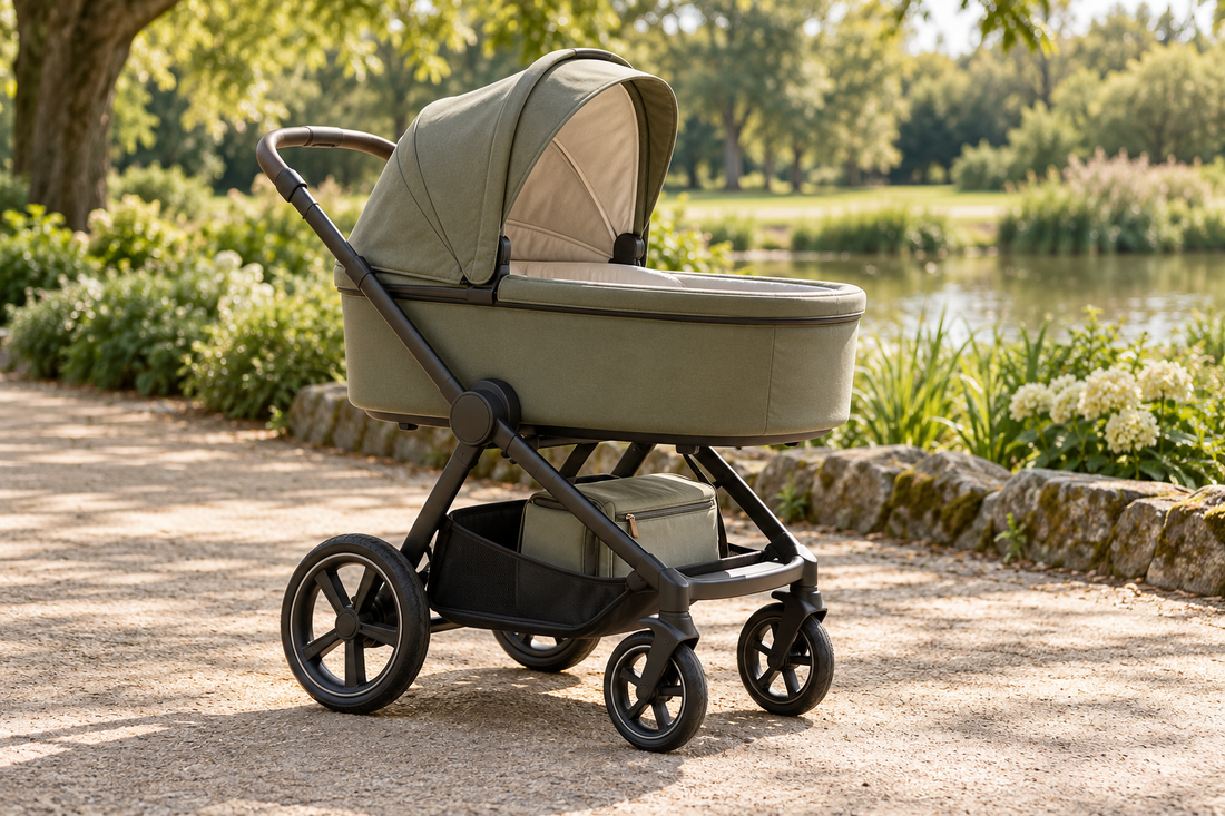 Lege kinderwagen met reiswieg en een tas op een rustig parkpad in zacht licht.