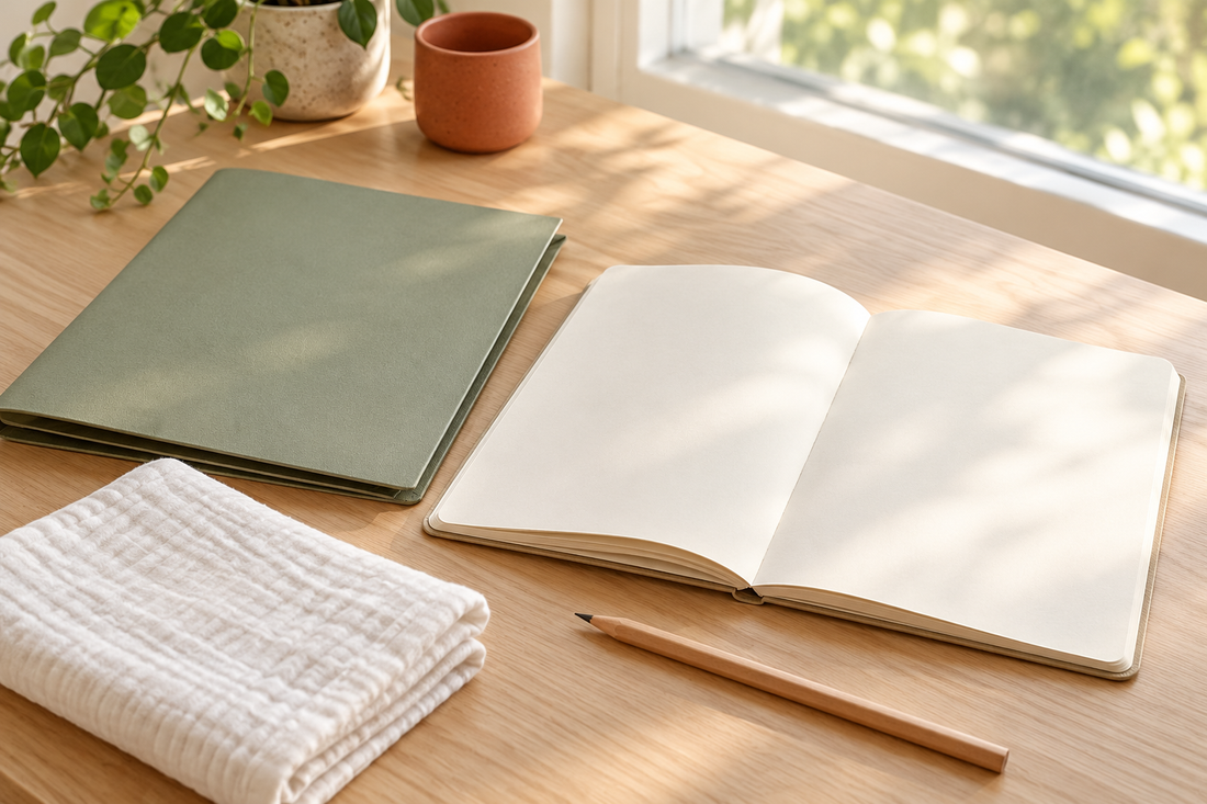 A closed folder for your baby's documents, a clean notebook, a pencil and a folded nappy on a light-coloured desk.