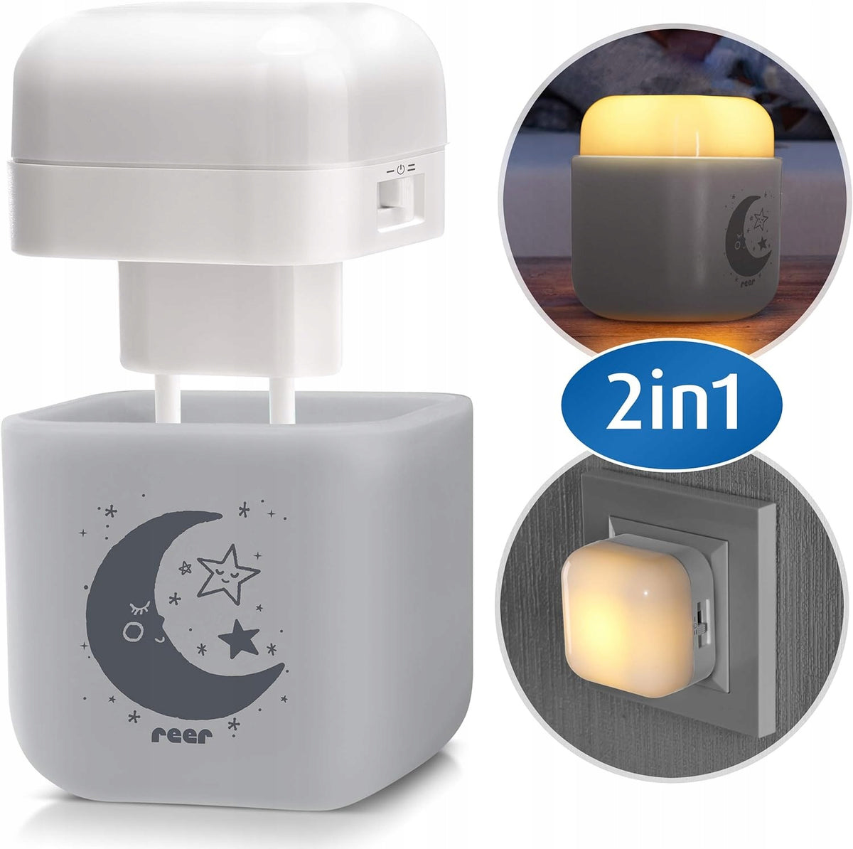 REER SleepLight 2w1 lampka nocna LED przenośna lub do gniazdka, szara, z czujnikiem światła