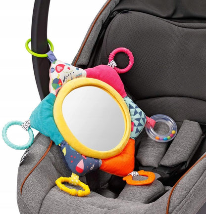 FEHN zawieszka z lusterkiem i zabawkami 34 cm, kolorowa zabawka do fotelika z lustrem i grzechotkami