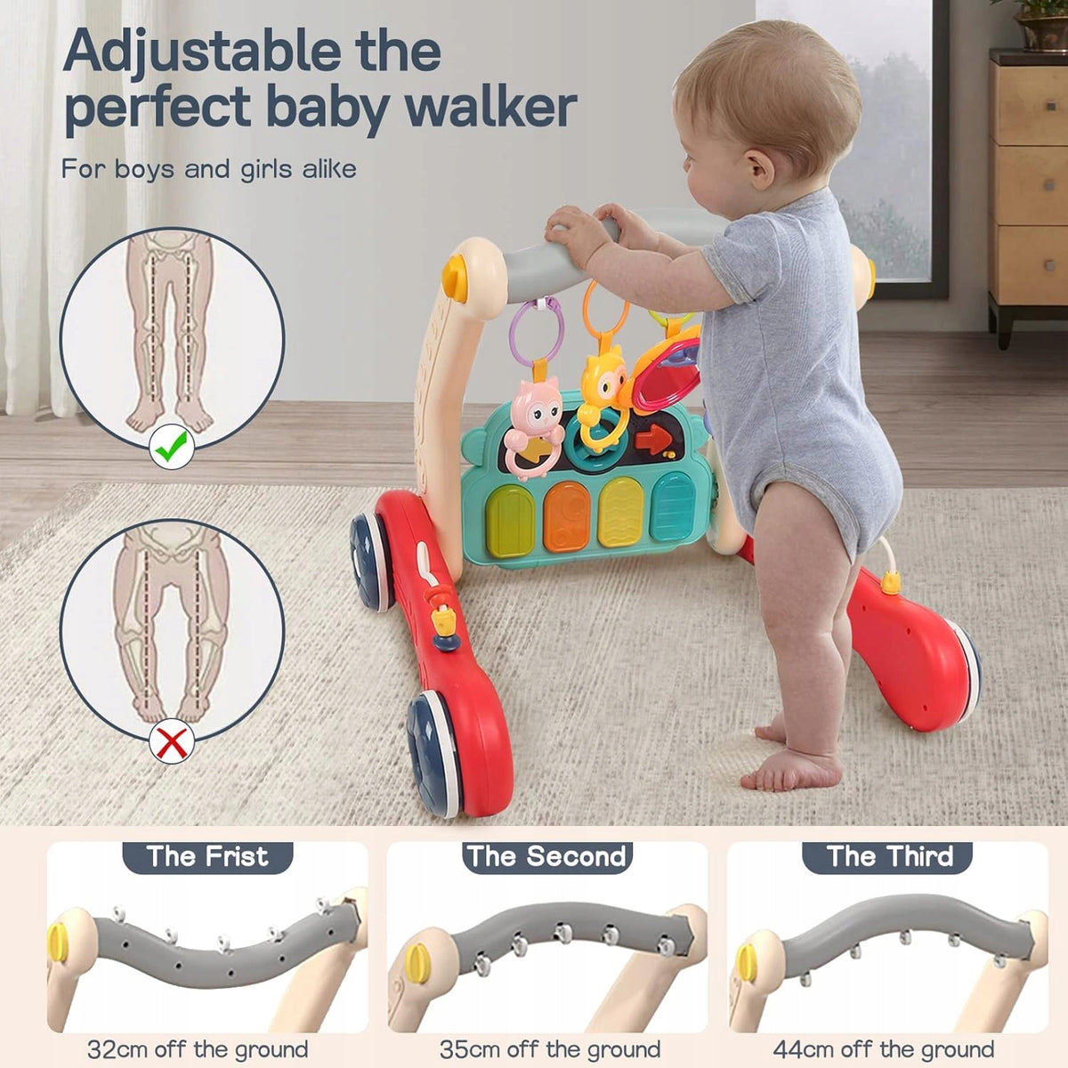 MATA edukacyjna z pianinkiem 2w1 PCHACZ chodzik, regulowany pchacz dla niemowląt uczących się chodzić