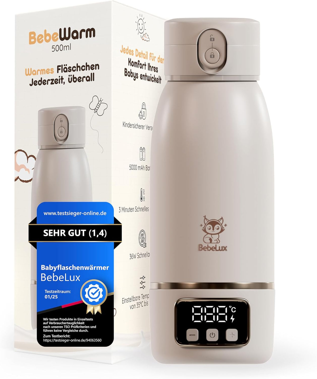 BEBELUX BebeWarm podgrzewacz PODRÓŻNY USB 3' 500ml z wyświetlaczem, szybkie ładowanie USB-C i BPA-free