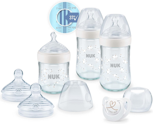 NUK Nature Sense set 3 bottiglie in vetro + succhietto calmante 0+