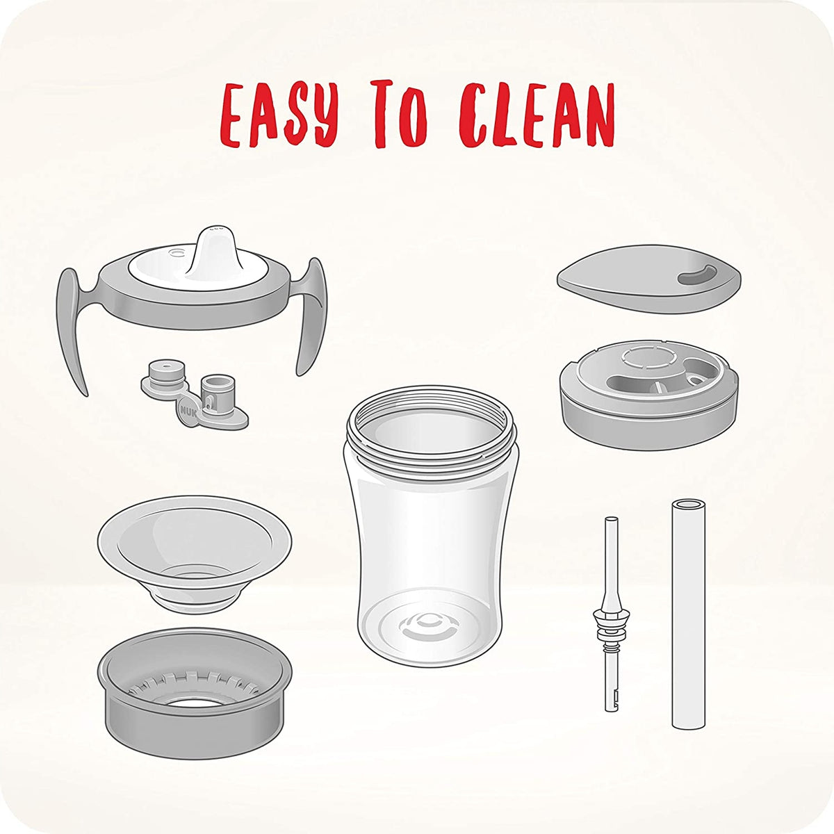 NUK zestaw do nauki picia kubek + 3 ustniki, łatwy do czyszczenia, biało-szary, 230 ml