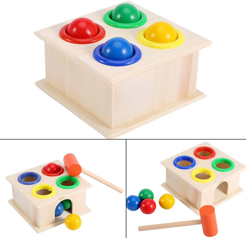 ZERODIS wooden box, hammer and balls 11 x 11 x 6 cm