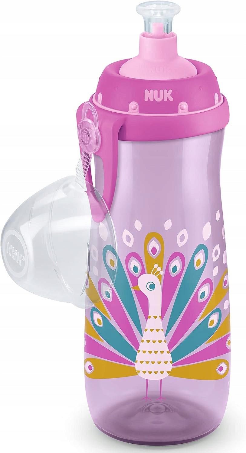 NUK Sports Cup BUTELKA 24 m+ ustnik push-pull 450 ml EFEKT KAMELEONA, różowa butelka z pawiem