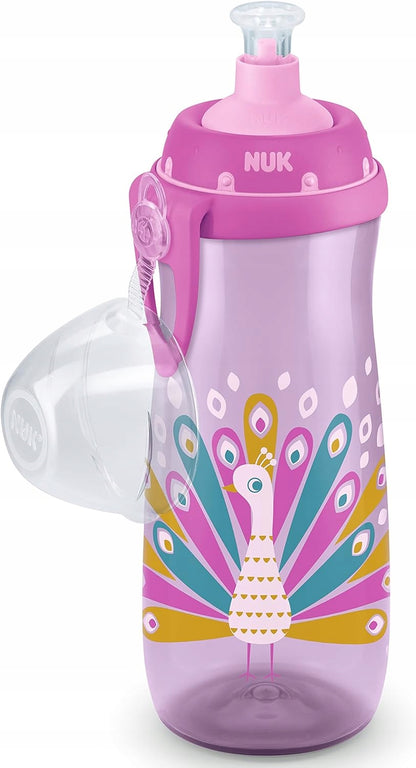 NUK Sports Cup BUTELKA 24 m+ ustnik push-pull 450 ml EFEKT KAMELEONA, różowa butelka z pawiem