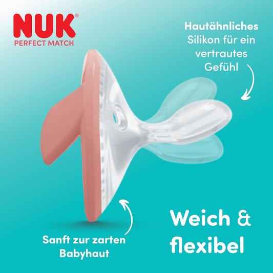 NUK Perfect Match smoczki 0-6 mies. 2 szt. beżowy/czerwony, miękka ortodontyczna końcówka dla niemowląt