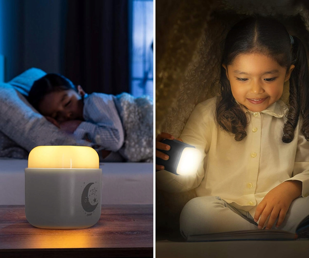 REER SleepLight 2w1 lampka nocna LED przenośna lub do gniazdka, szara lampka dla dzieci ze światłem stałym lub czujnikiem