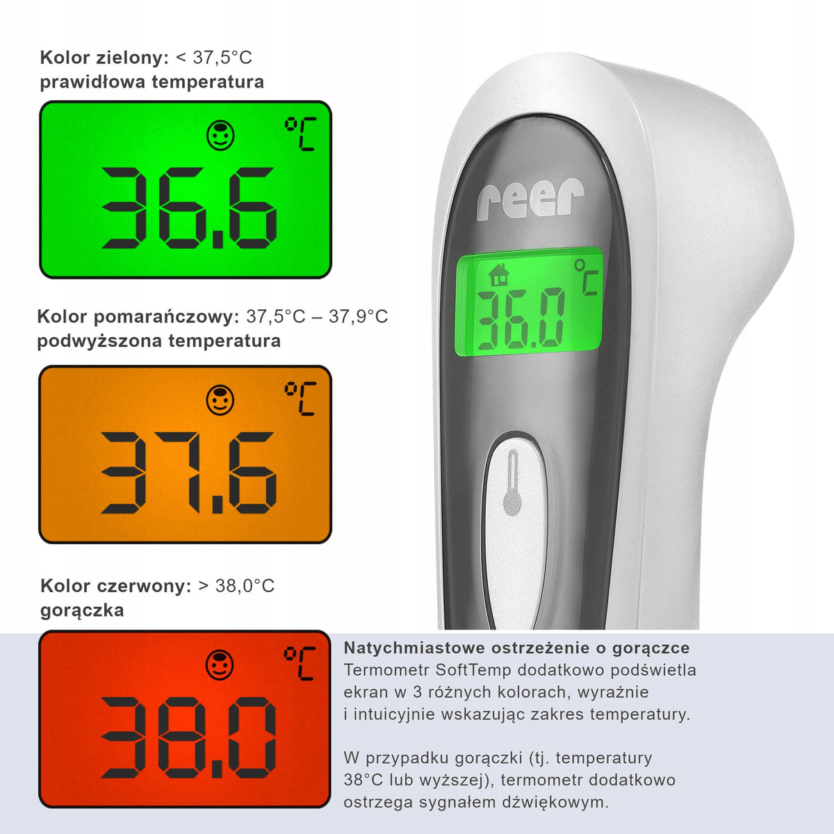 REER Colour SoftTemp termometr bezdotykowy 3w1 z kolorowym podświetleniem i ostrzeżeniem gorączki