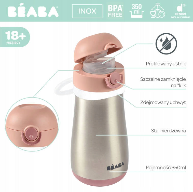 BEABA stalowy bidon termiczny termobutelka 350 ml różowy, BPA free, 18+ miesięcy