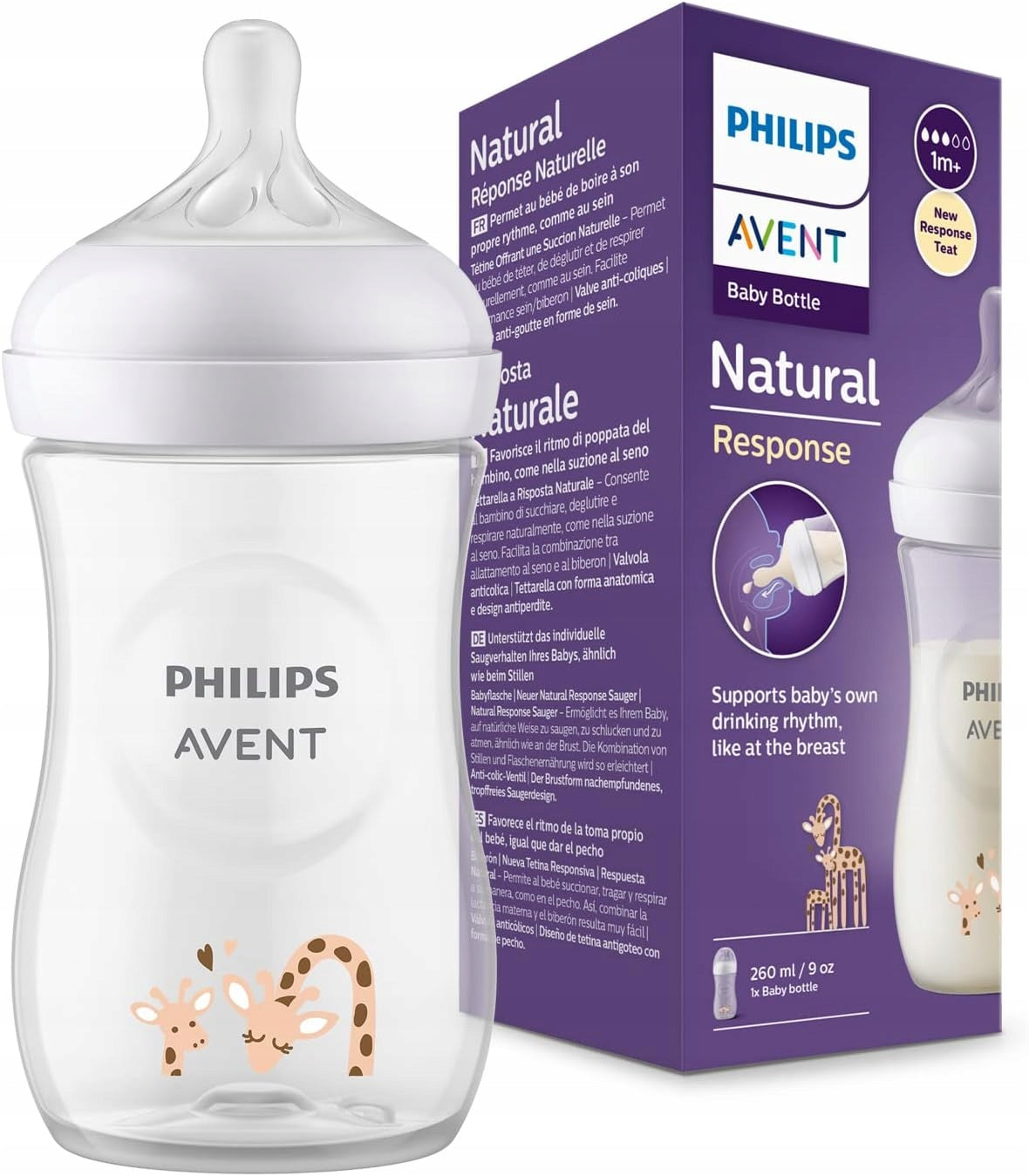 PHILIPS AVENT Natural RESPONSE butelka 260 ml 1msc+ z smoczkiem Natural Response do bezpiecznego karmienia niemowląt