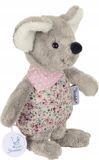STERNTALER Myszka Mabel z pozytywką 18 cm "O, przytulanka różowo-szara z motywem kwiatowym, 0+