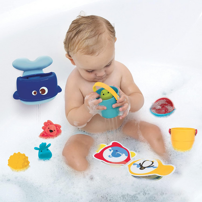 LUDI set di giocattoli da bagno 9 pezzi + scatola con manico