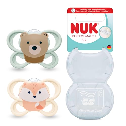 NUK Perfect Match Air smoczki uspokajające 0-6m x2 z silikonowymi smoczkami i etui, wzory miś i lis