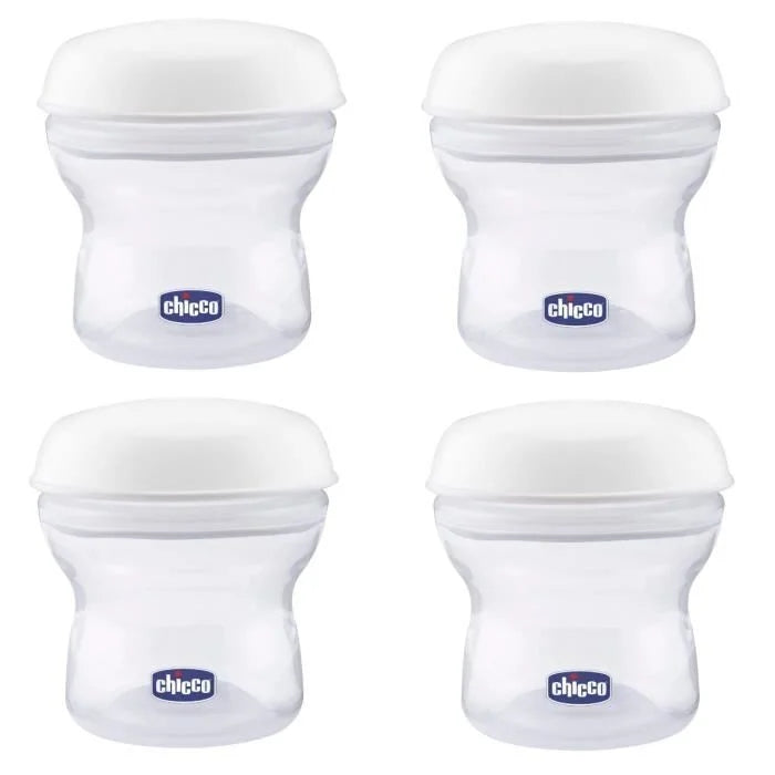 CHICCO pojemniki na mleko 4 x 150 ml + smoczek z nakrętką, białe pojemniki Natural Feeling