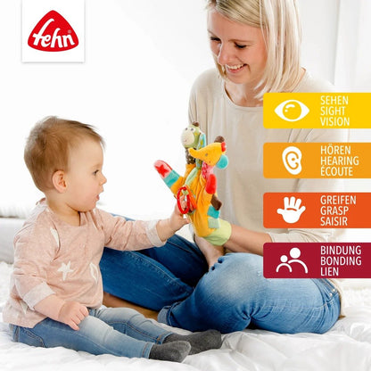 Fehn Safari pacynka sensoryczna z grzechotką, wielokolorowa zabawka dziecięca rozwijająca wzrok, dotyk i słuch