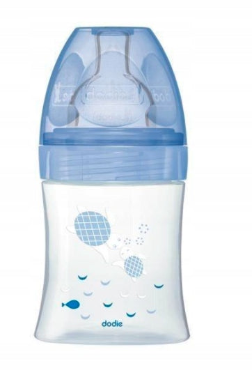 DODIE butelka antykolkowa 150 ml 0-6m niebieska butelka dla niemowląt z wolnym przepływem i smoczkiem antykolkowym