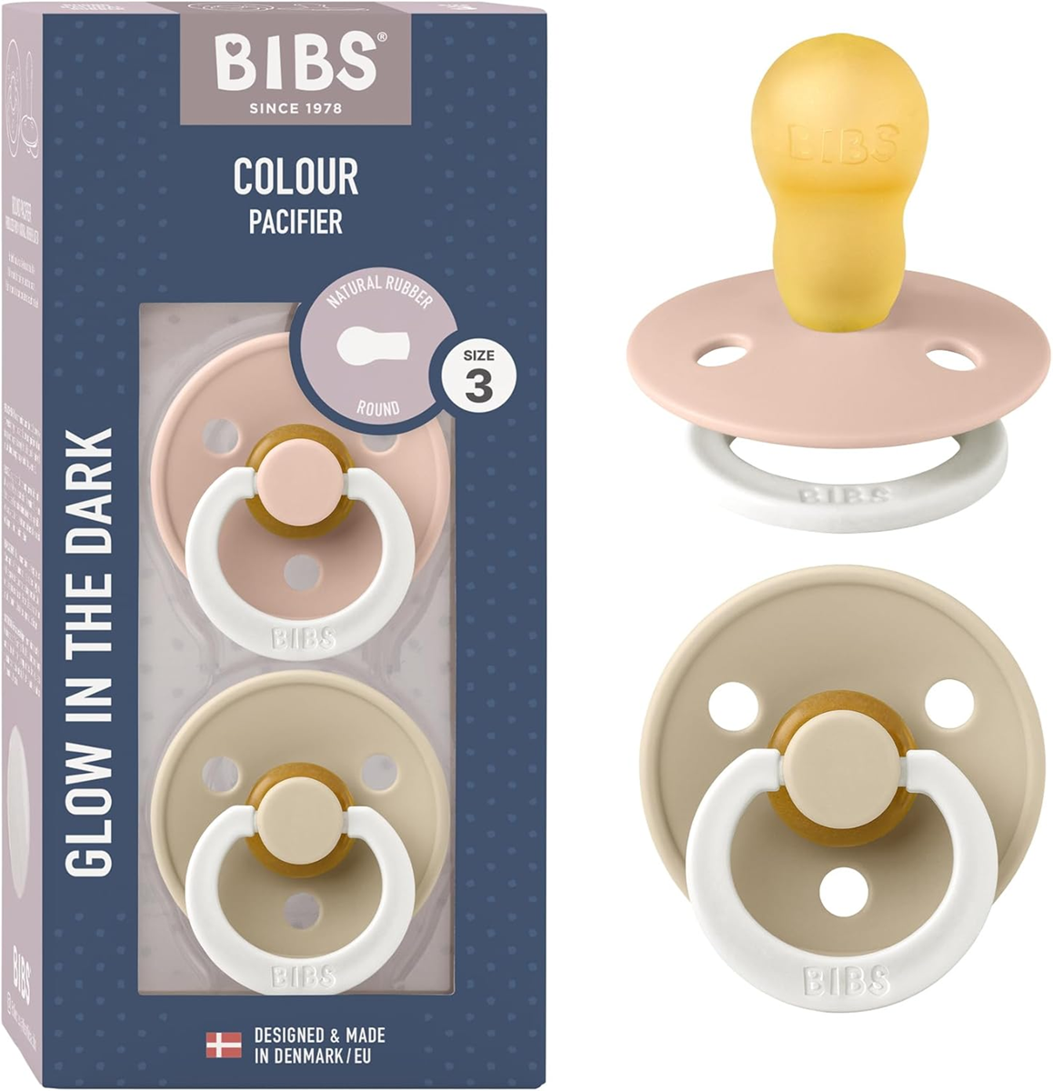 BIBS COLOUR GLOW sucettes apaisantes 2-pack caoutchouc 18-36 mois LUMINEUX