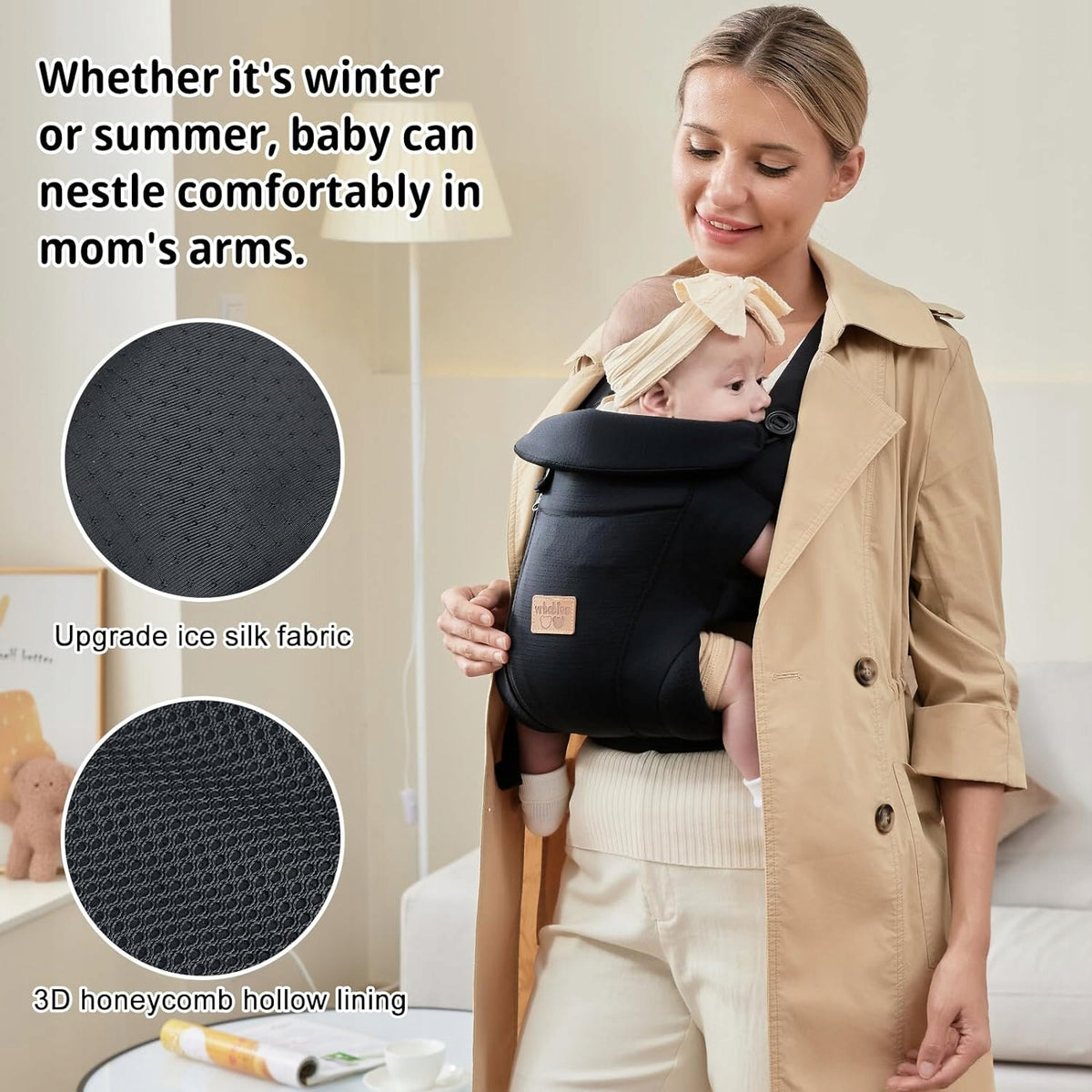VRBABIES nosidełko ergonomiczne czarne, miękkie i przewiewne, dla dziecka 3,5-15 kg, wygodne na każdą porę roku