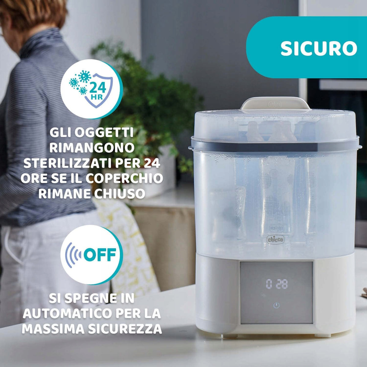 CHICCO sterylizator parowy z suszarką All in One, 24h sterylizacji i automatyczne wyłączanie dla bezpieczeństwa