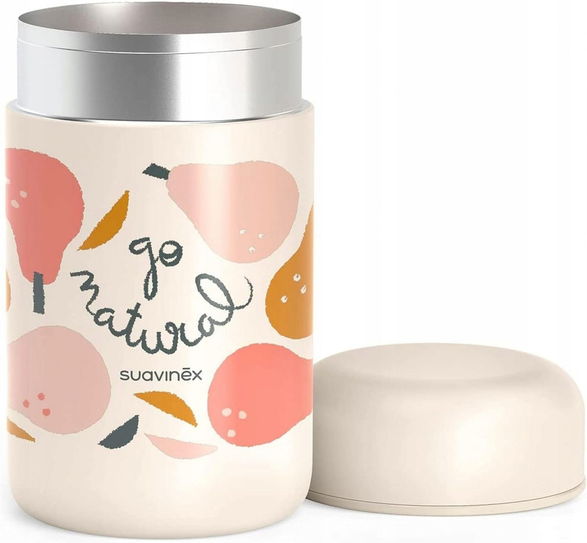 SUAVINEX Go Natural termos obiadowy stalowy 400 ml, beżowy termos ze stali nierdzewnej z pokrywką