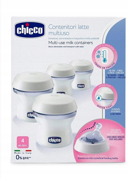 CHICCO pojemniki na mleko 4 x 150 ml + smoczek z nakrętką, pojemniki do mleka z smoczkiem i osłonką