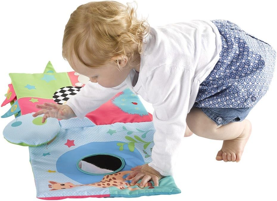 ŻYRAFA SOPHIE książeczka sensoryczna duża 30 x 30 dla dziecka 3m+, z lustrem, różnymi fakturami i zapachem wanilii