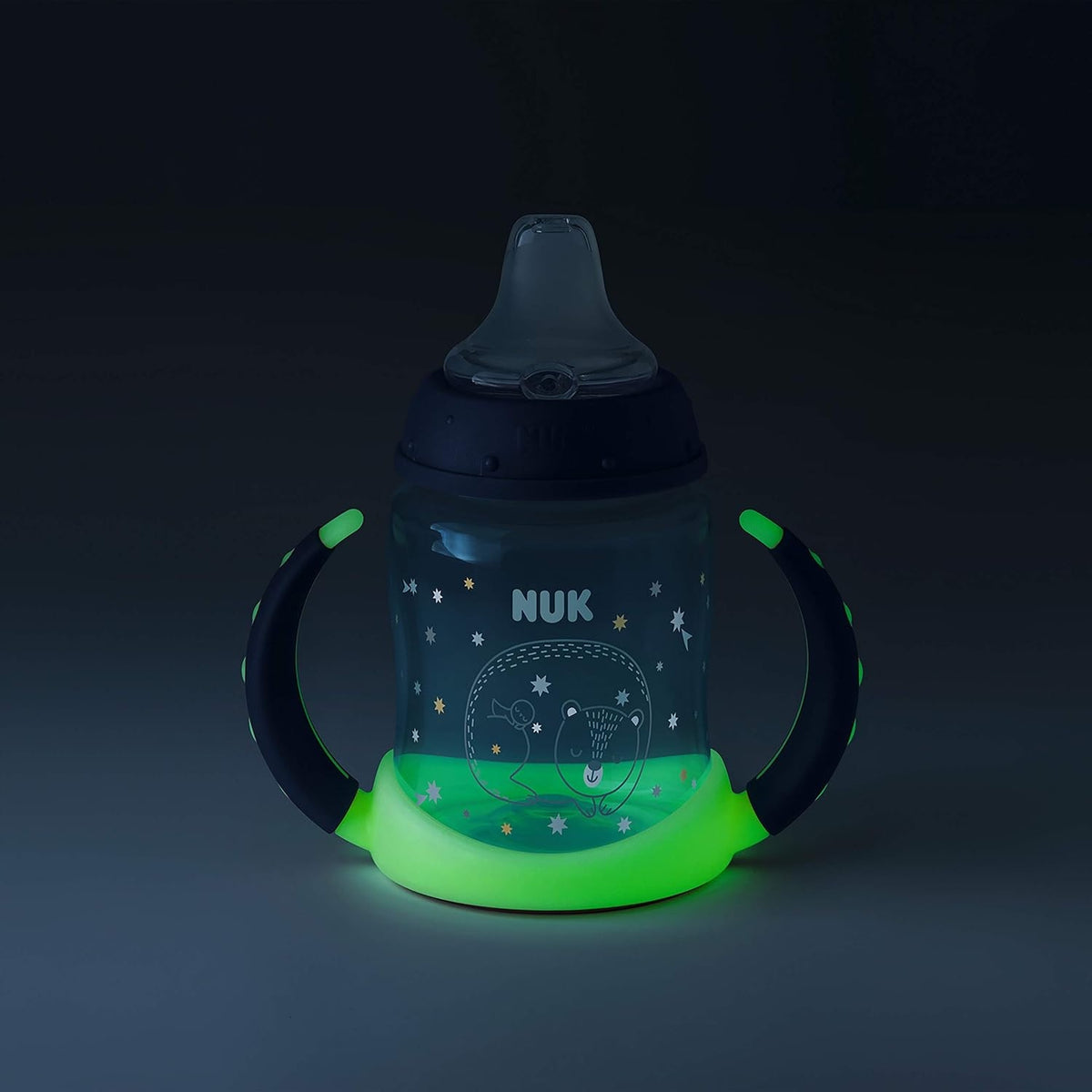 NUK Learner Cup KUBEK 150 ml wskaźnik temperatury ŚWIECI W CIEMNOŚCI, zielony kubek niekapek z uchwytami