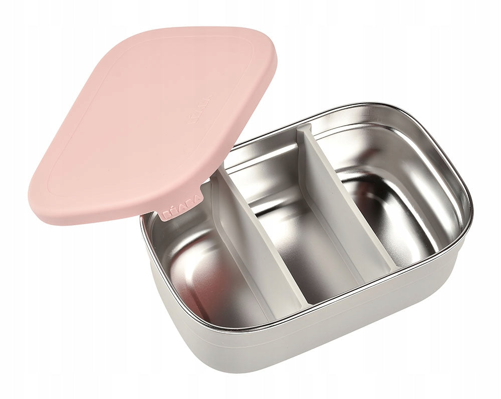 BEABA śniadaniówka lunchbox STAL nierdzewna 760ml z przegrodami, różowa pokrywka i stalowy pojemnik