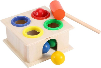 ZERODIS wooden box, hammer and balls 11 x 11 x 6 cm