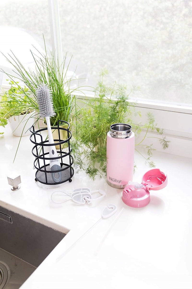 NUBY 2in1 spazzola per la pulizia di tettarelle e biberon 30 cm + supporto