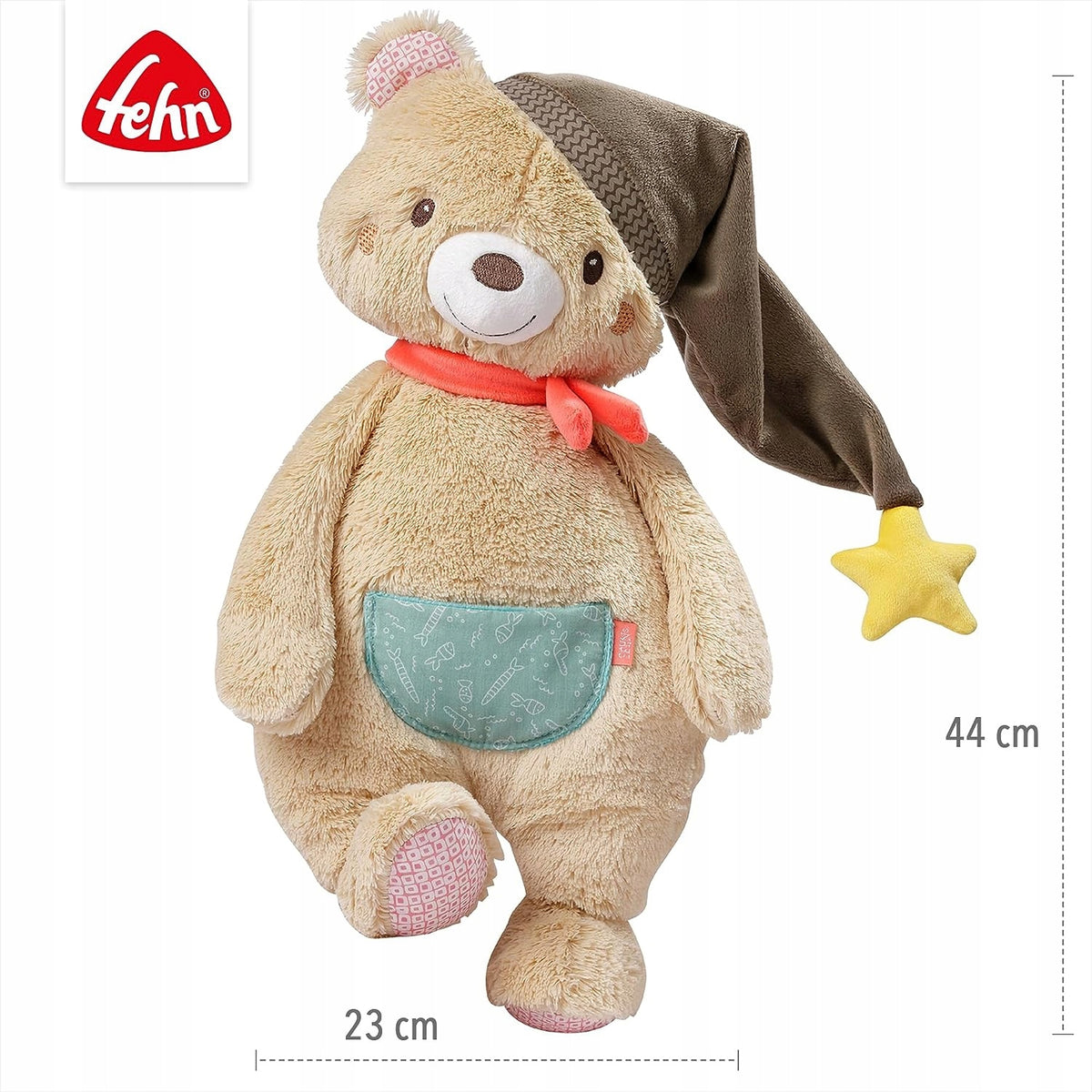 FEHN pluszowy miś Bruno XXL 44cm, beżowy miś z gwiazdką, idealny pierwszy przyjaciel do przytulania