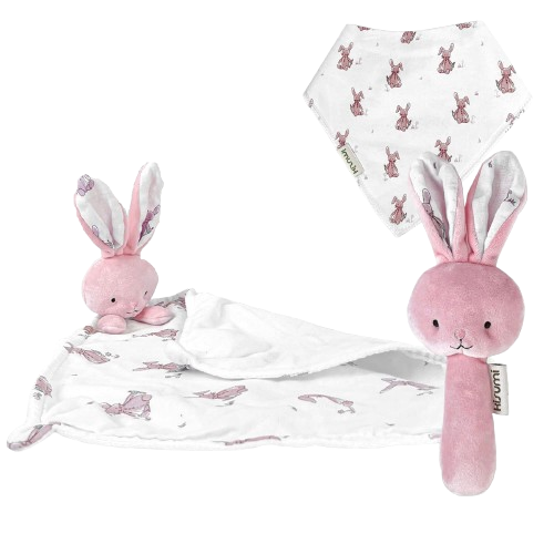 KISUMI set comforter, slabbetje en pluchen rammelaar KONIJN